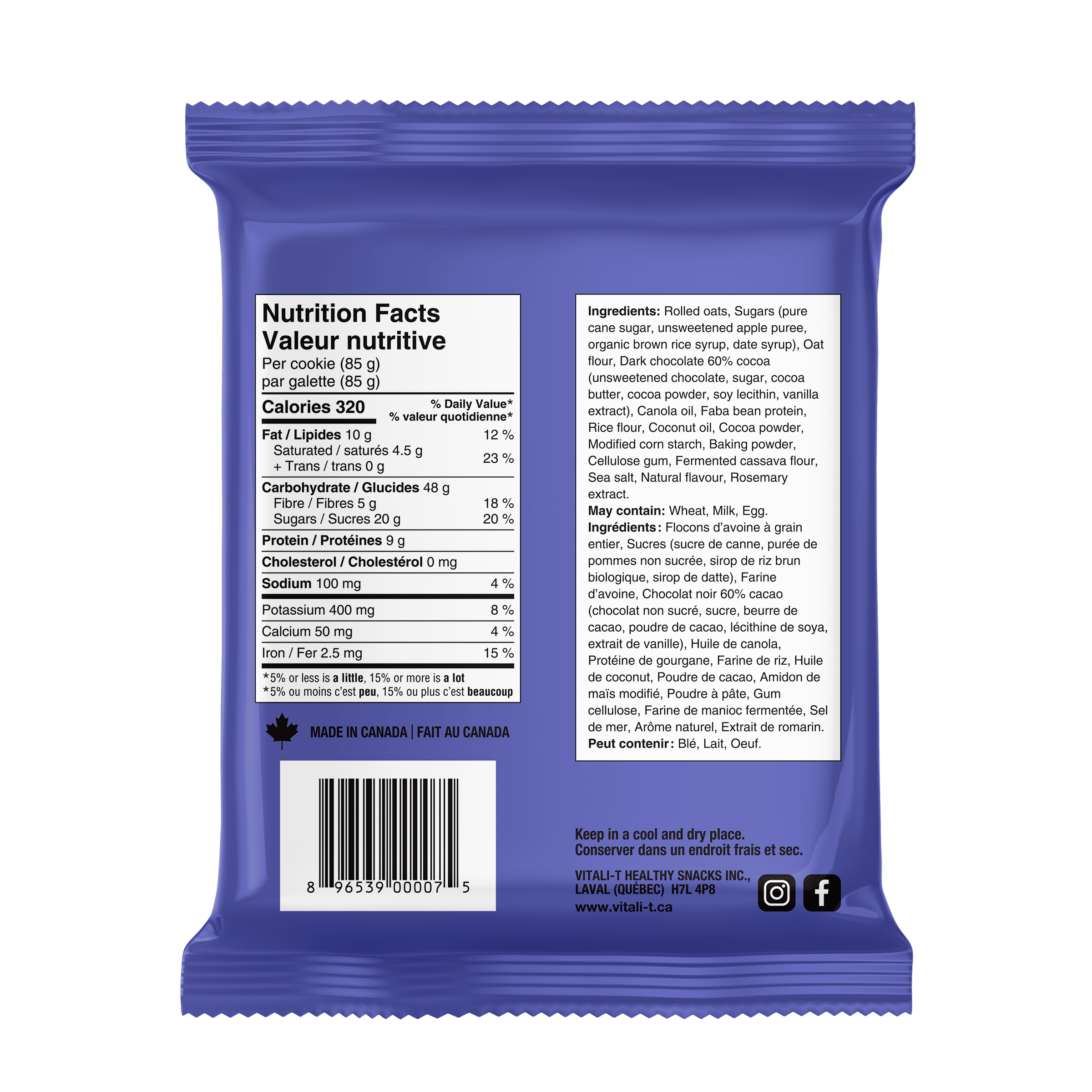 COLLATION BLEUETS ET CHOCOLAT 12x85G - Vitali-T Snacks/Collations