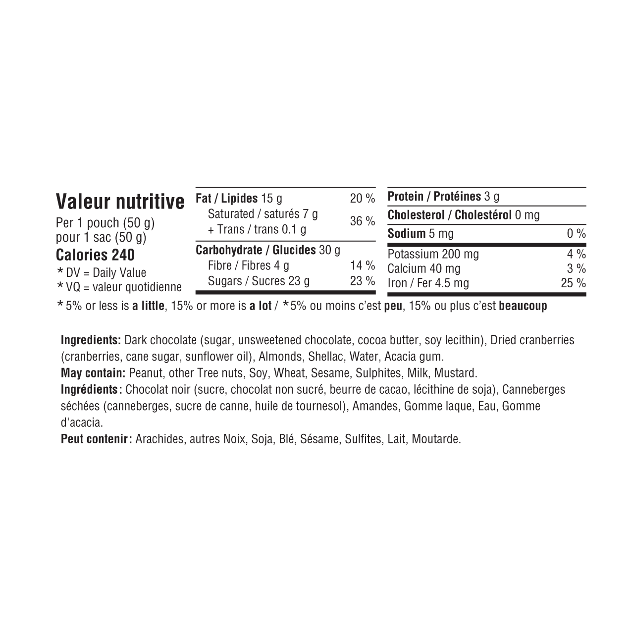 FICHE INGRÉDIENTS COLLATION AMANDES ET CANNEBERGES AU CHOCOLAT NOIR 15X50G - Vitali-T Snacks/Collations