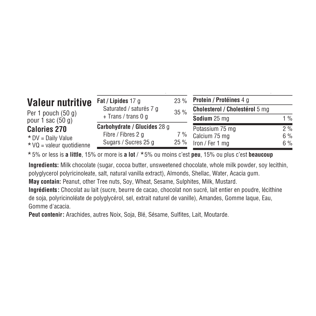 FICHE INGRÉDIENT DE COLLATION AMANDES CHOCOLAT AU LAIT 15X50G - Vitali-T Snacks/Collations